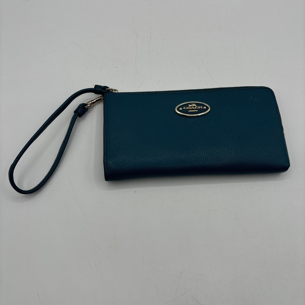 COACH L-ZIP‎ Around 52555 Zippy Wallet Leather Teal Wristlet Strap